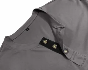 Detailed close-up of grey textured long sleeve Henley shirt with button neckline