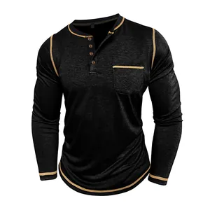 Detailed view of men's long sleeve Henley t-shirt with contrast stitching and pocket