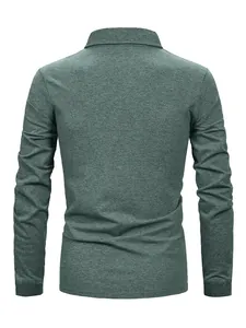 Detailed back view of a business casual heathered green long sleeve polo shirt for men