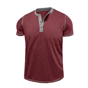 Detail view of burgundy men's Henley T-shirt with grey contrast trim and chest pocket
