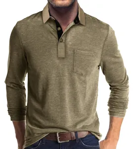 Vue détaillée d'un polo à manches longues olive pour homme avec élégant col contrasté