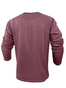 Detailed back view of men's burgundy long sleeve Henley shirt with contrast stitching