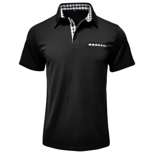 Men's black short-sleeved polo shirt featuring a stylish checkered lapel and pocket trim.