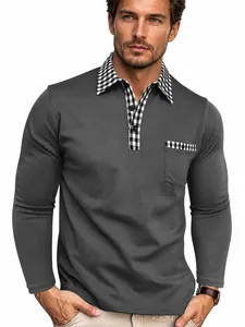 Polo Homme Business Casual Manches Longues Revers Contrasté Plaid Séchage Rapide Respirant Top Pour Printemps Automne