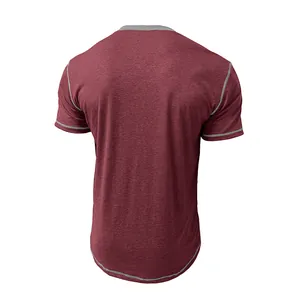 Back view of men's burgundy moisture-wicking T-shirt with grey contrast stitching