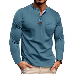 Men's casual long-sleeved Henley shirt with stylish color-blocking placket and pocket