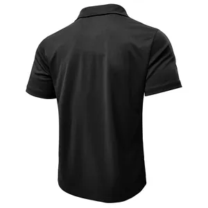 Back view of a breathable black men's short-sleeved polo shirt for athletic wear