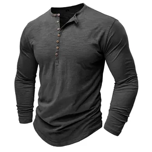 Detail view of dark grey slub cotton Henley shirt for men with multi-button placket