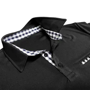 Close-up of black men's polo shirt featuring a blue gingham patterned collar detail