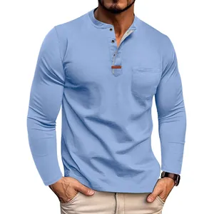 Men's light blue long-sleeve Henley shirt featuring a casual round neck and pocket