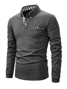 Detail of a dark grey long-sleeve polo shirt featuring a stylish plaid checkered collar and pocket.