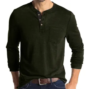 Detailed view of men's dark green slim fit long sleeve Henley shirt with a chest pocket