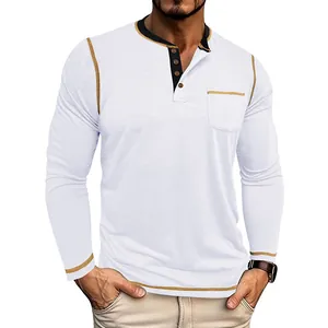 Detail view of men's white long sleeve Henley shirt with contrast collar and four buttons