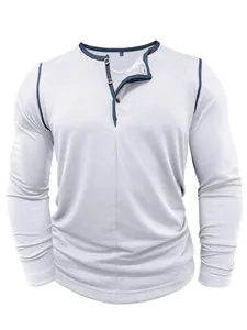 Front view of men's long-sleeve Henley shirt in light gray with navy trim