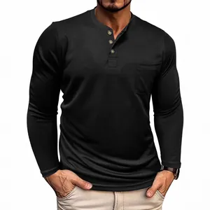 Classic men's black long-sleeved Henley shirt with chest pocket for casual daily wear