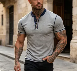 Athletic fit grey Henley t-shirt with navy blue contrast collar and sleeve trim