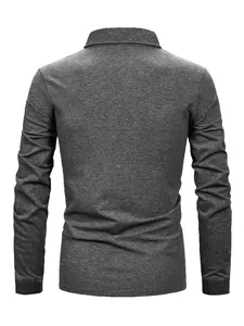 Back view of a men's business casual long-sleeve Polo shirt in dark grey marl fabric