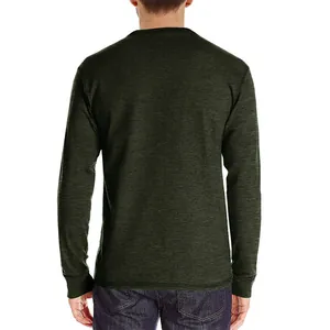 Back view of a men's slim fit breathable long-sleeved T-shirt in heather dark green fabric