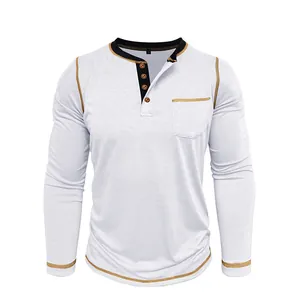 Close-up detail of men's white long sleeve Henley shirt with contrast stitching and buttons