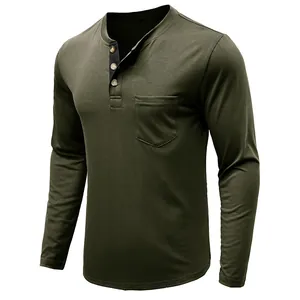 Men's olive green long sleeve Henley T-shirt with chest pocket and slim fit