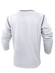 Back view of a white men's long-sleeved Henley shirt with navy contrast trim detail