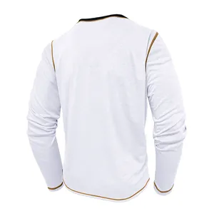 Rear view of white long-sleeved athletic t-shirt with gold contrast stitching detail