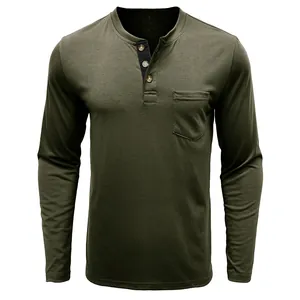 Military green men's long-sleeve Henley shirt with chest pocket and slim-fit cotton fabric