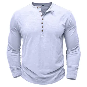 Detailed view of long-sleeve Henley shirt featuring slub cotton texture and wood buttons