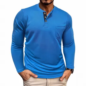 Casual blue men's long-sleeve Henley T-shirt with chest pocket and button neckline.