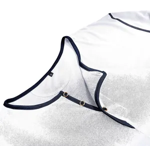 Close-up of neckline detail on white long-sleeve Henley shirt with navy trim