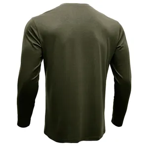 Back view of a men's slim-fit long-sleeve T-shirt in dark olive green color