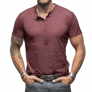 Classic maroon short sleeve Henley shirt in breathable slub cotton for men
