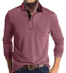 Vue de face d'un polo à manches longues pour homme en vieux rose avec poche poitrine