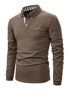Detailed close-up view of men's brown long-sleeve polo shirt with plaid collar and pocket
