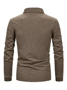 Back view of a textured brown men's long-sleeve polo shirt with a classic lapel collar
