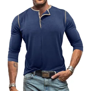 Men Casual Cotton Blend Long Sleeve Henley Shirt Slim Fit Contrast Trim Round Neck Pullover T-Shirt Daily Basic Top