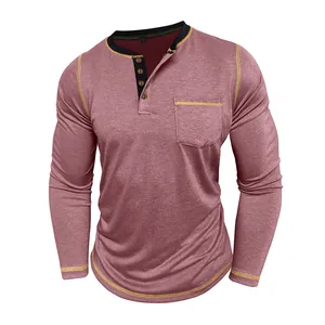 Detail view of a men's long-sleeve Henley shirt in heathered burgundy with yellow stitching.