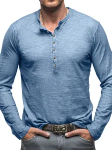 Detail view of light blue slub cotton long-sleeve Henley shirt for men