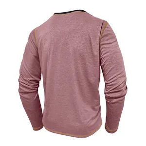 Back view detail of a men's quick-dry long sleeve T-shirt in heathered pink with yellow stitching