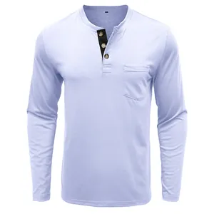 Close-up of light purple long-sleeved Henley shirt with front pocket and contrast placket