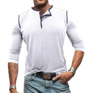 Classic white men's long sleeve Henley shirt featuring stylish navy contrast trim and buttons