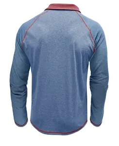 Vue arrière d'un polo à manches longues bleu pour homme avec coutures rouges