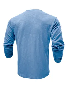 Back view of men's long-sleeved blue slub cotton t-shirt with textured finish