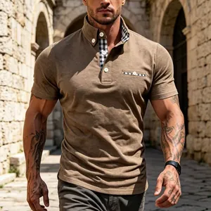 Polo da Uomo Smart Casual a Maniche Corte in Misto Cotone con Taschino e Dettagli a Quadri Patchwork Moda Estiva Traspirante