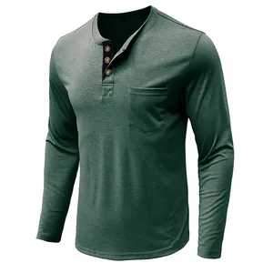 Detailed view of a green slim fit cotton men's long sleeve Henley shirt with chest pocket