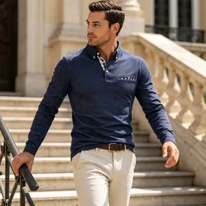Men's navy long sleeve polo shirt with checkered collar detail and business casual fit