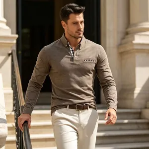 Casual men's long-sleeve polo shirt with stylish plaid contrast collar and pocket detail