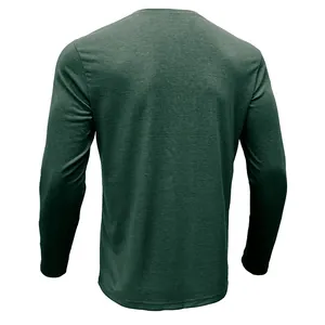 Detailed back view of a men's dark green slim fit long sleeve cotton T-shirt with texture
