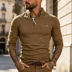 Stylish men's long-sleeve polo shirt with plaid collar trim and business casual lapel design