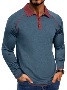 T-shirt Polo homme à manches longues bleu poussière avec col et détails bordeaux contrastés